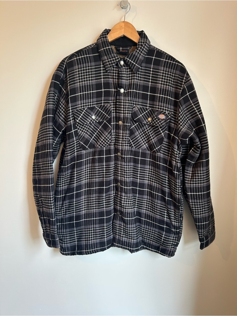Dickies Men’s Sherpa Lined Flannel Shirt Jacket Hydroshield Plaid M Black Grey